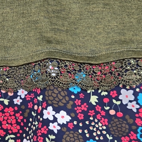 Olive Green Kids Long Sleeve Top with Floral Hem - Picture 3 of 4